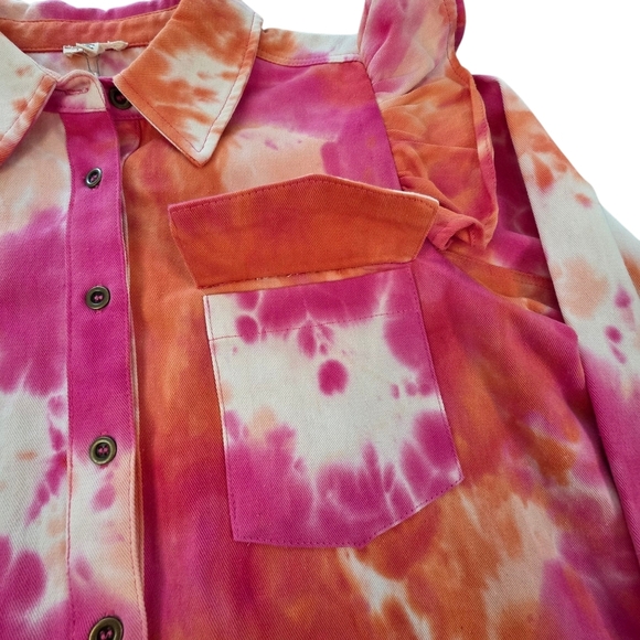 JODIFL Tie Dye Ruffle Shoulder Button Down Cotton Shirt Shacket Women Size S - Picture 2 of 8